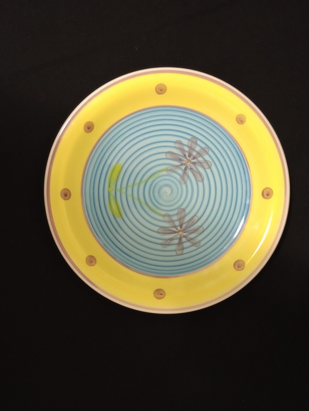 Mulberry Home Collection Blue Swirl With Yellow Rim Floral Dinner Plate